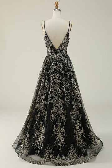 Black Golden Spaghetti Straps Backless Long Ball Dress